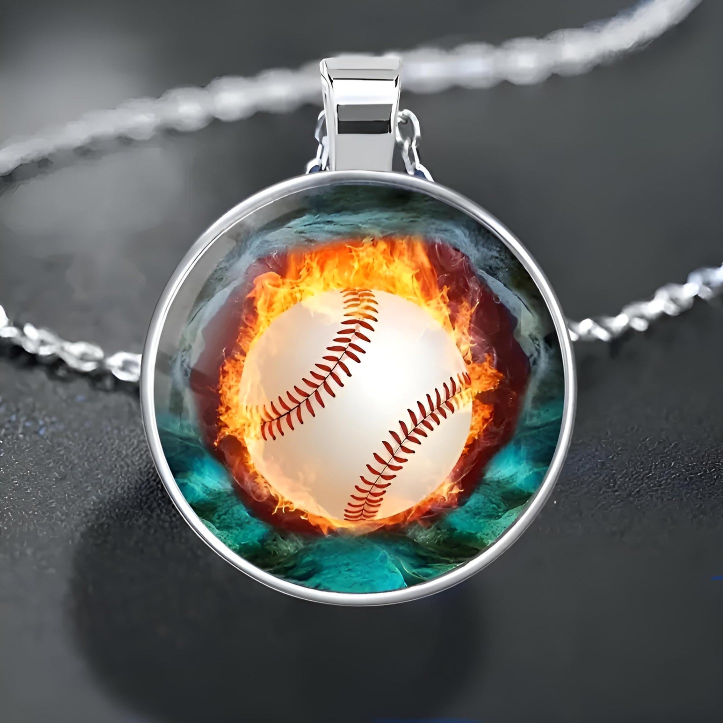 SUPAC Sports Pendant Necklace with Flaming Soccer Ball and Baseball Design, 21.65 inch Chain with 1.97 inch Extension, Black (Baseball)
