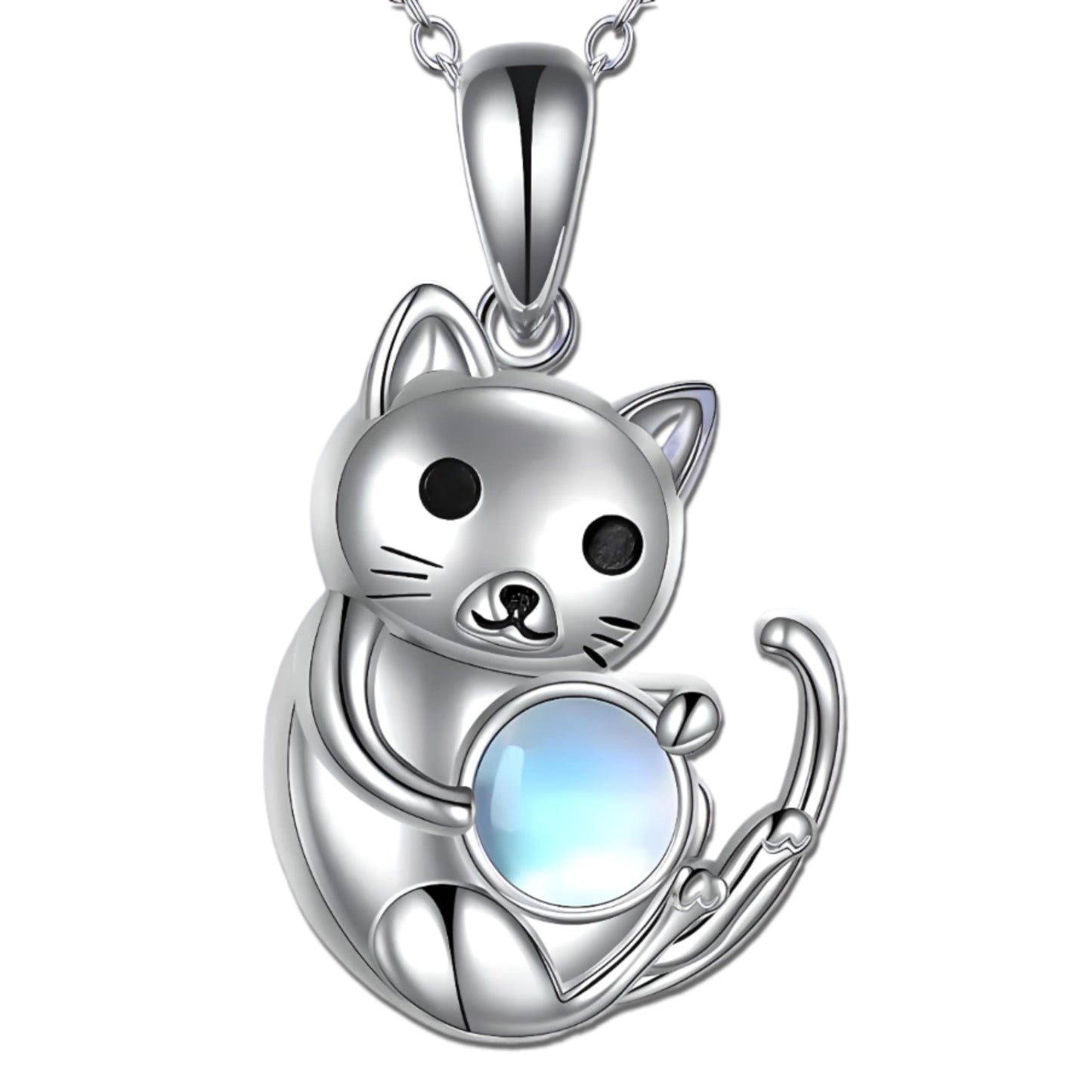 Winking Cat Pendant Necklace Playing With Blue Ball, Sterling Silver Chain, Moonstone Ball Charm - Animal Lovers' Gift (Sitting Cat)