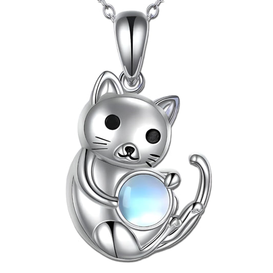 Winking Cat Pendant Necklace Playing With Blue Ball, Sterling Silver Chain, Moonstone Ball Charm - Animal Lovers' Gift (Sitting Cat)