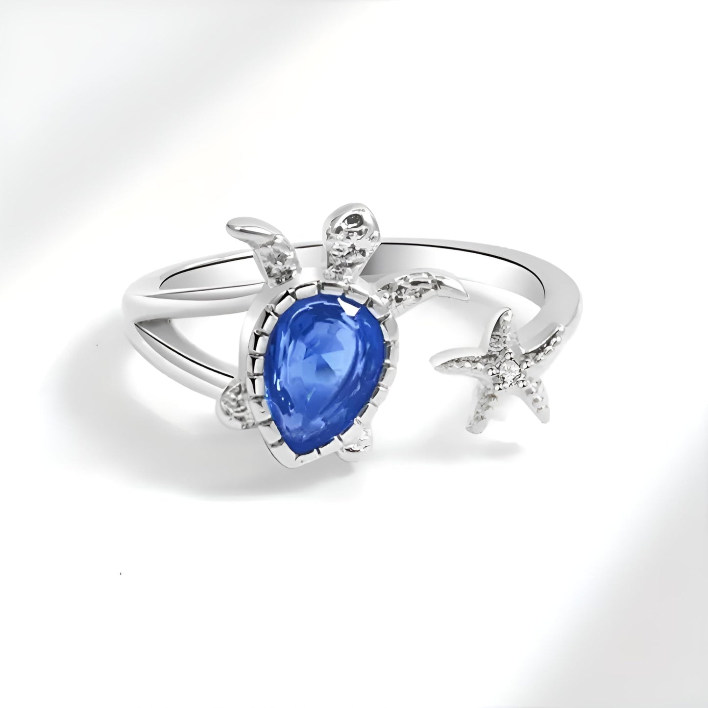 SUPAC Stainless Steel Blue Crystal Turtle Ring, Adjustable Size - Turtle Lovers' Gift
