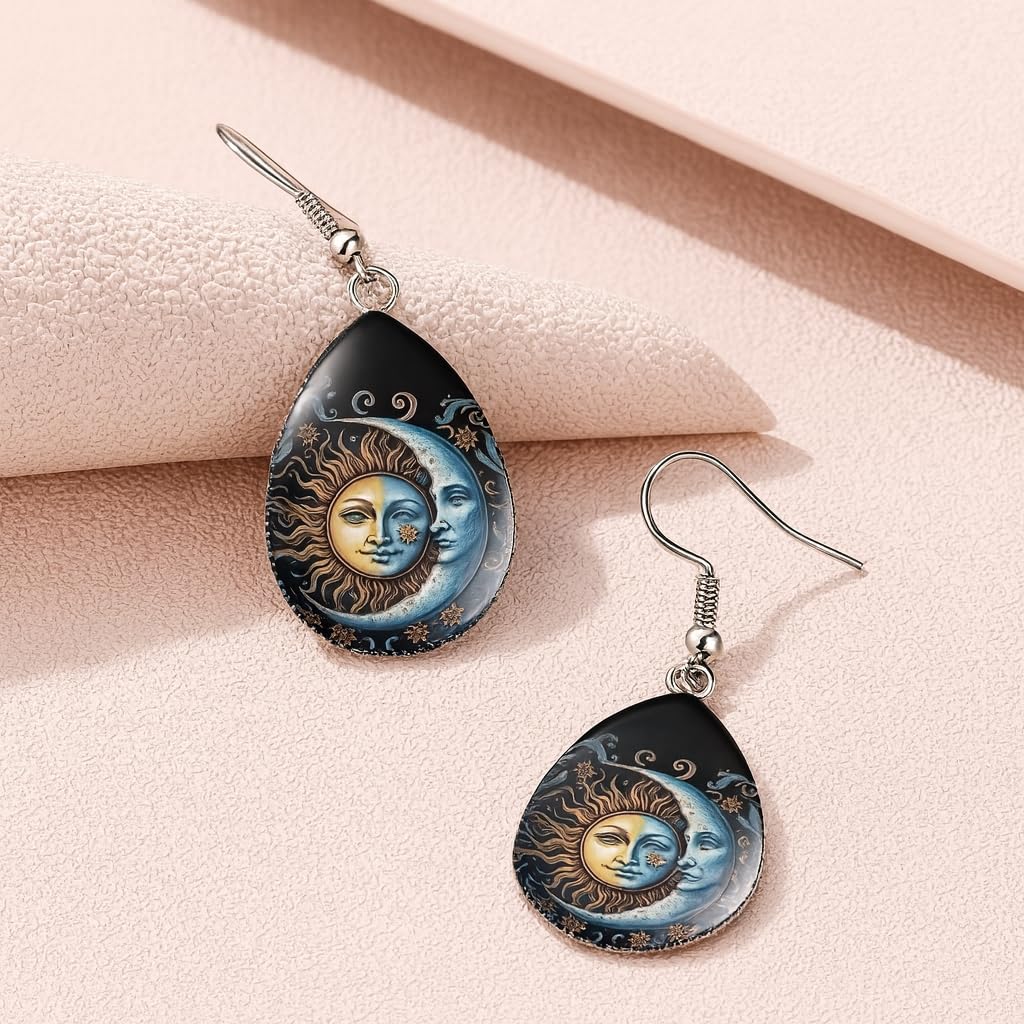 Celestial Sun and Moon Dangle Earrings, Mystical Design, Silver Hook, Teardrop and Rectangle Shapes, Decorative Jewelry Set - Oil Painting Style Glass Mosaic