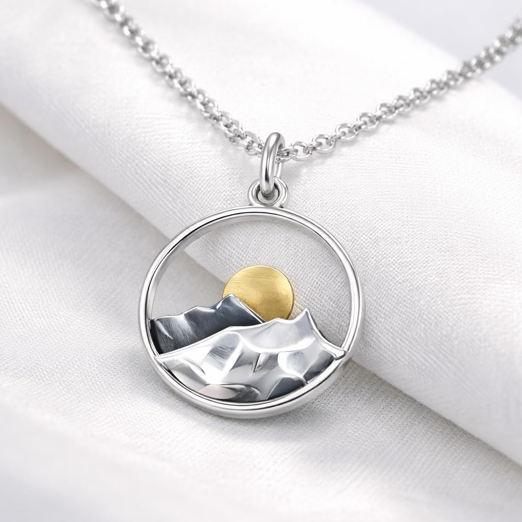 SUPAC Mountain Scene Pendant Necklace, Silver Chain, Nature Landscape Design, Circle Pendant