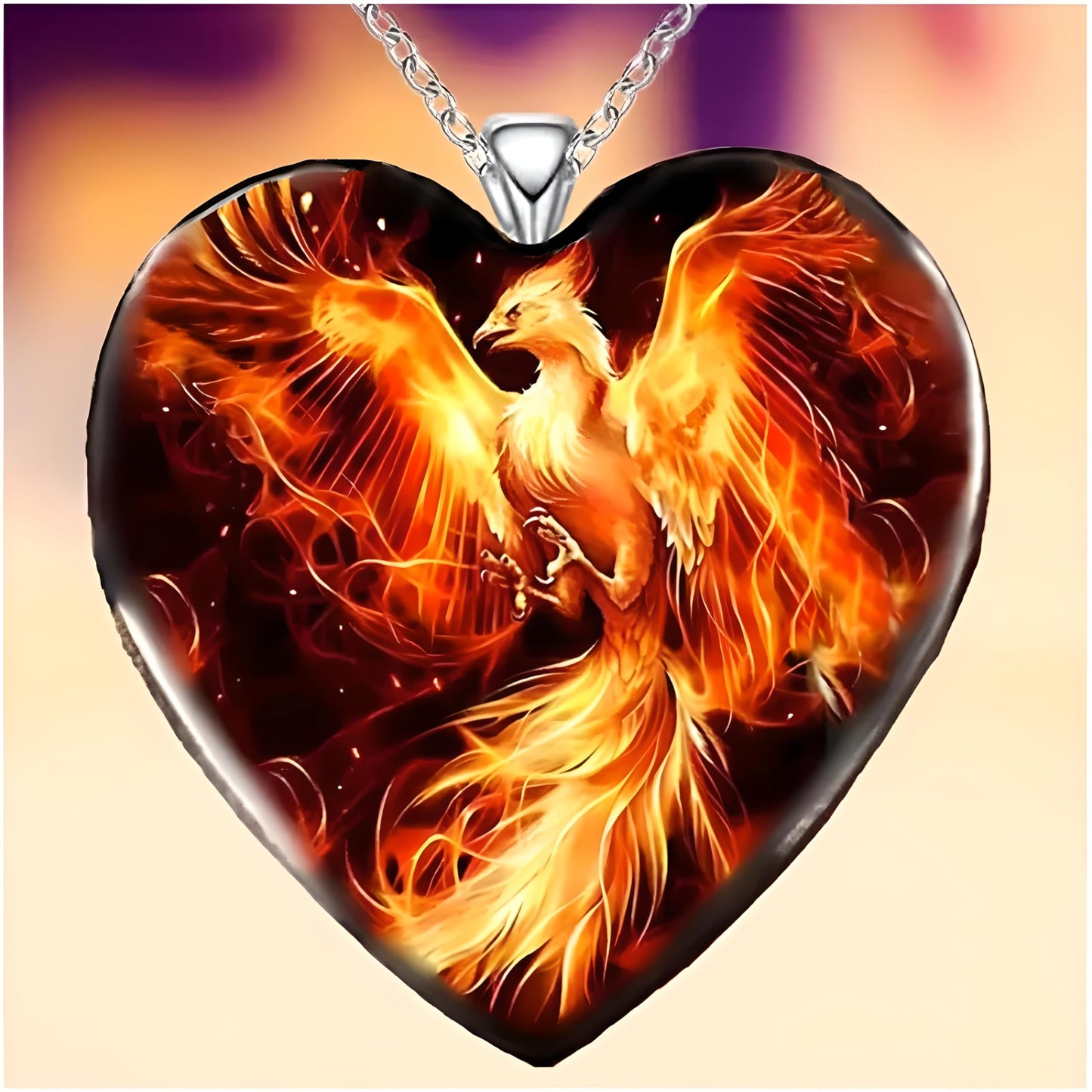 Heart-Shaped Pendant Necklace with Different Animals - Panda, Horse, Deer, Cat, Elephant, Dog Scenic Views, Stainless Steel Necklace with Glass Pendant - Christmas, Holiday, or Birthday Gift (Phoenix Rising)