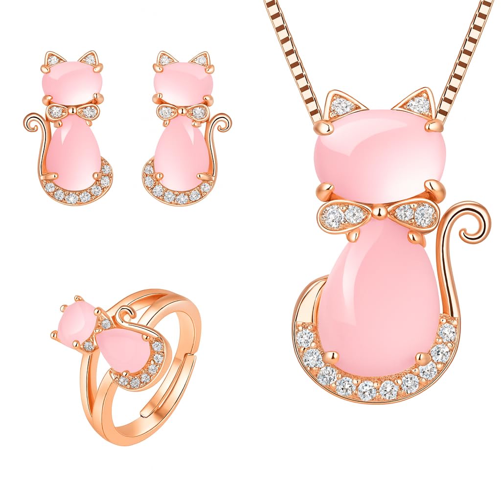 SUPAC Pink Cat Jewelry Set, Rose Gold Plated Crystal Necklace Earrings Ring, Gift for Cat Enthusiasts