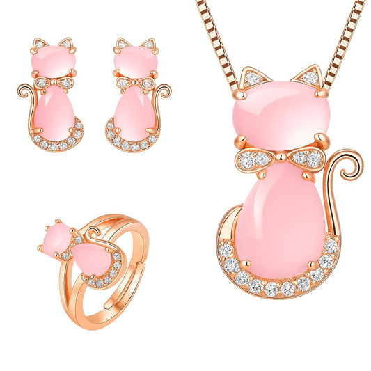 SUPAC Pink Cat Jewelry Set, Rose Gold Plated Crystal Necklace Earrings Ring, Gift for Cat Enthusiasts