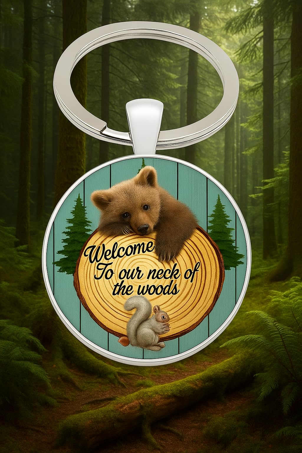 SUPAC 1pc Unique Bear With Forest Background Shaped Metal Keychain - Fashionable Circular Animal Keyring for Men and Friends