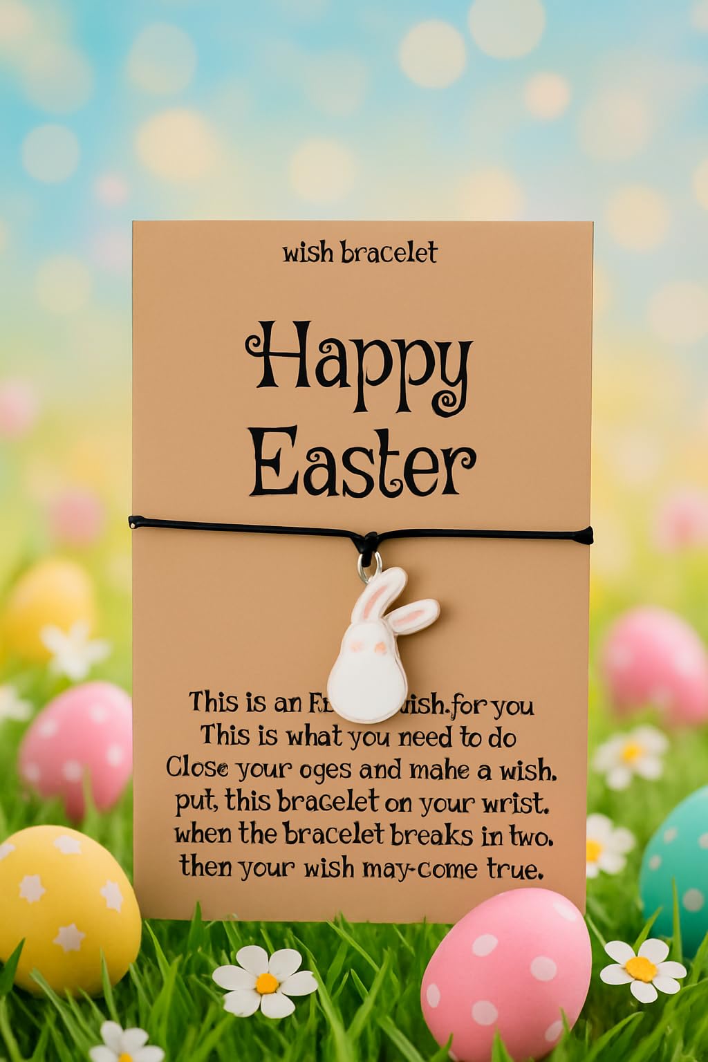 Easter Wish Bracelet with Bunny Charm, Easter Egg, Black String Adjustable Friendship Bracelet, Holiday Gift