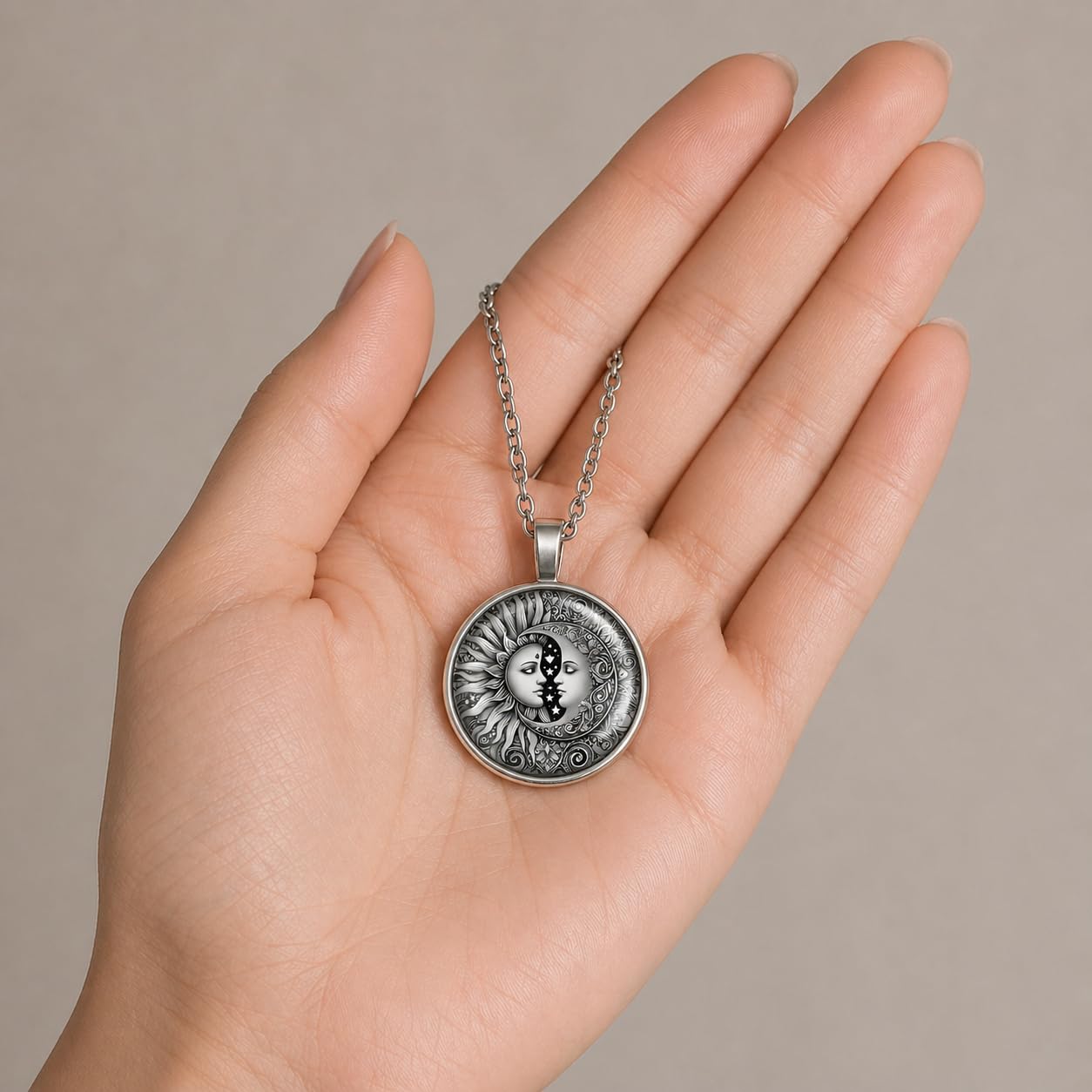 1pc Stunning Round Pendant Necklace - Unique Sun & Moon Pattern, Oil Painting Style Glass Mosaic, Alloy Construction, Trendy Sweater Chain, Fashionable Gift for Women - Christmas or Birthday Gift