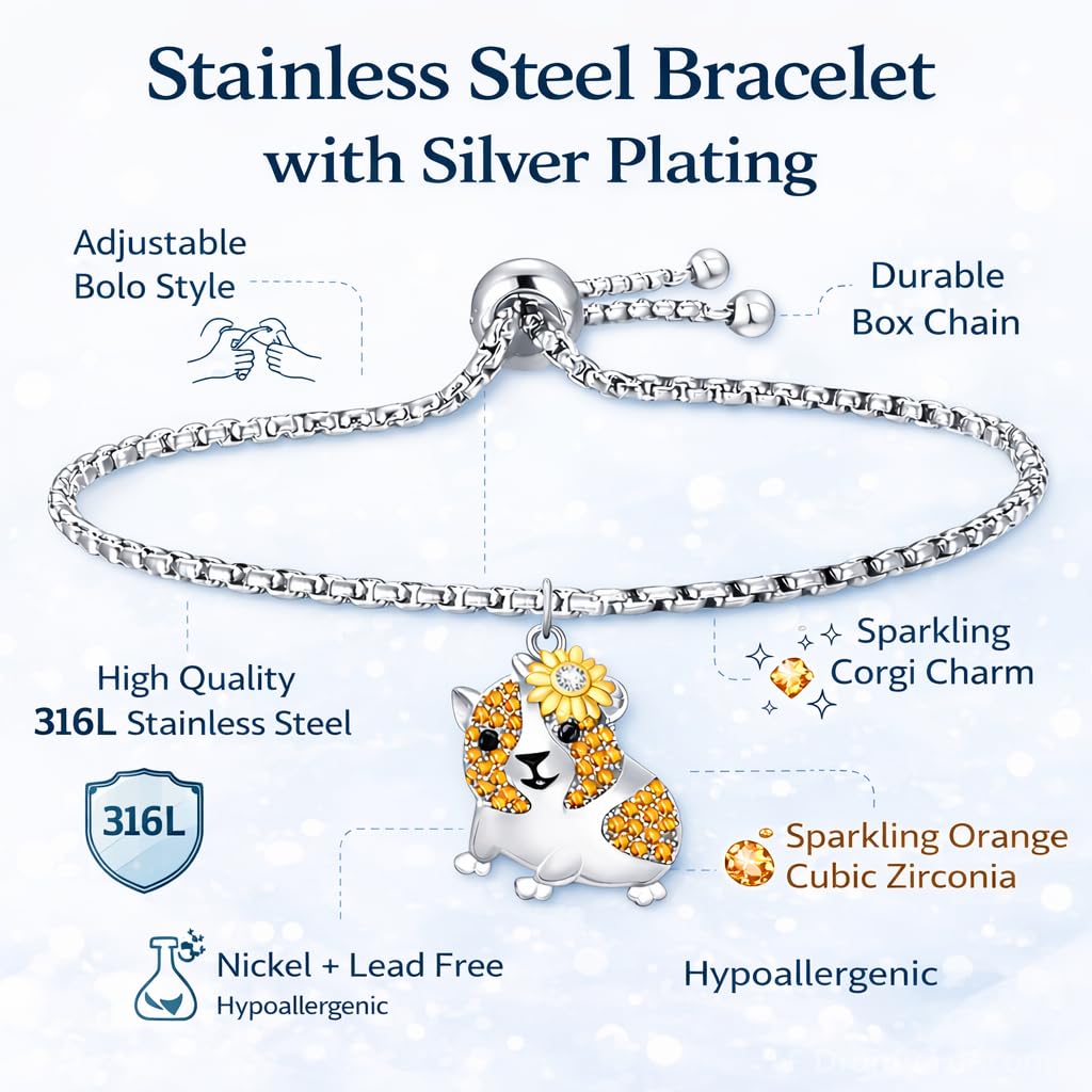 SUPAC Guinea Pig Hampster Charm Bracelet, Silver-Plated 316L Stainless Steel, Adjustable Bolo Style with Orange Cubic Zirconia, Hypoallergenic