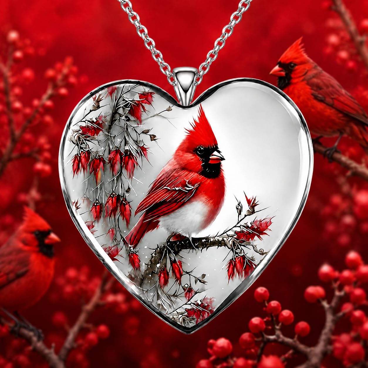 SUPAC Red Cardinal Necklace, Silver-Plated 'I Am Always with You' Inspirational Message, Adjustable - Christmas, Party, or Birthday Gift (Standing Cardinal)