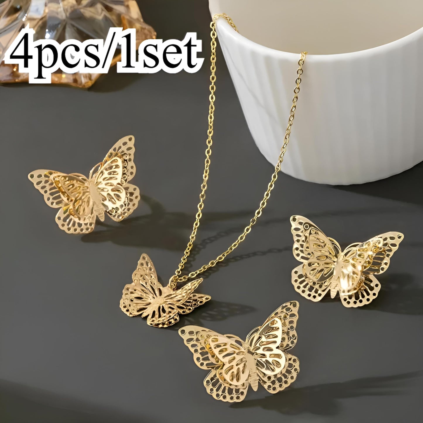 SUPAC Gold Butterfly Necklace Earrings Adjustable Ring Jewelry Set, 18.5 inch Chain Length, 4 Pieces