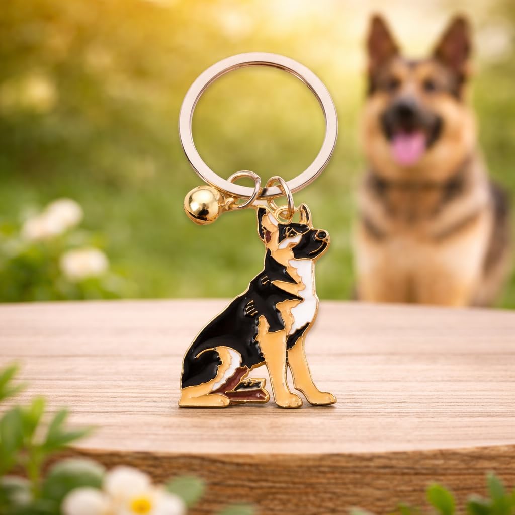 SUPAC Elegant German Shepherd Dog Keychain, Black and Gold Enamel Charm with Bell, Metal Key Ring, 1.5 x 1.09 Inch