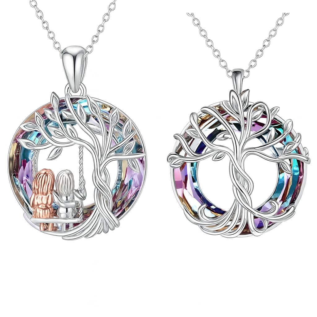 SUPAC 2 PC Tree of Life Pendant + Swinging Necklace, Silver Chain, Rainbow Crystal Accents, Vintage Swing Design