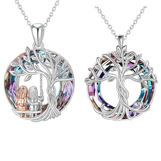 SUPAC 2 PC Tree of Life Pendant + Swinging Necklace, Silver Chain, Rainbow Crystal Accents, Vintage Swing Design