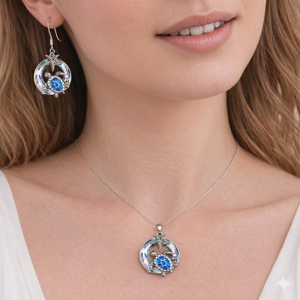 Sea Turtle Jewelry Set with Opal-Effect Blue Crystal, 3 Piece Starfish Pendant Necklace, Earrings Set, Stainless Steel Set