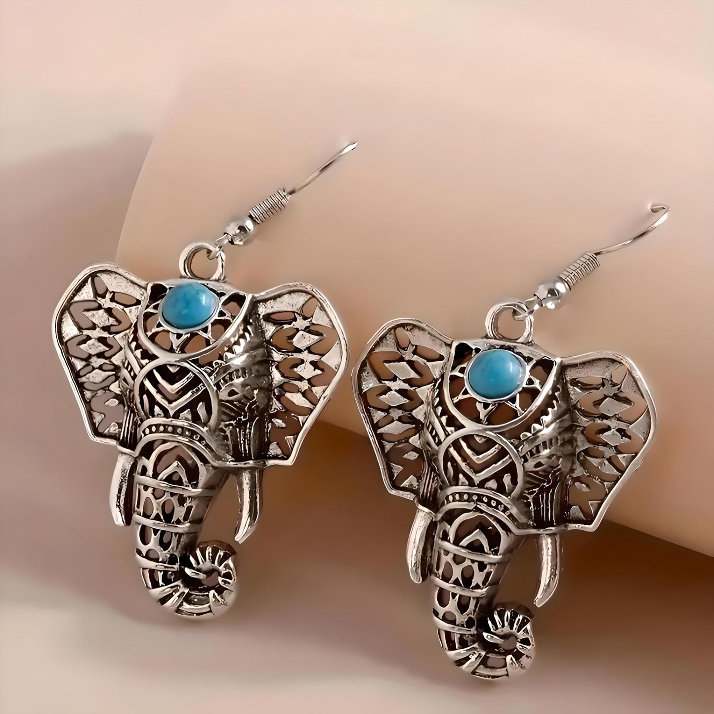SUPAC Elephant Necklace, Silver Design - Elephant Lovers' Gift - Adjustable Vintage Ring with Turquoise Inlay – Unisex Boho Style Alloy Jewelry for Everyday & Party (Earrings)