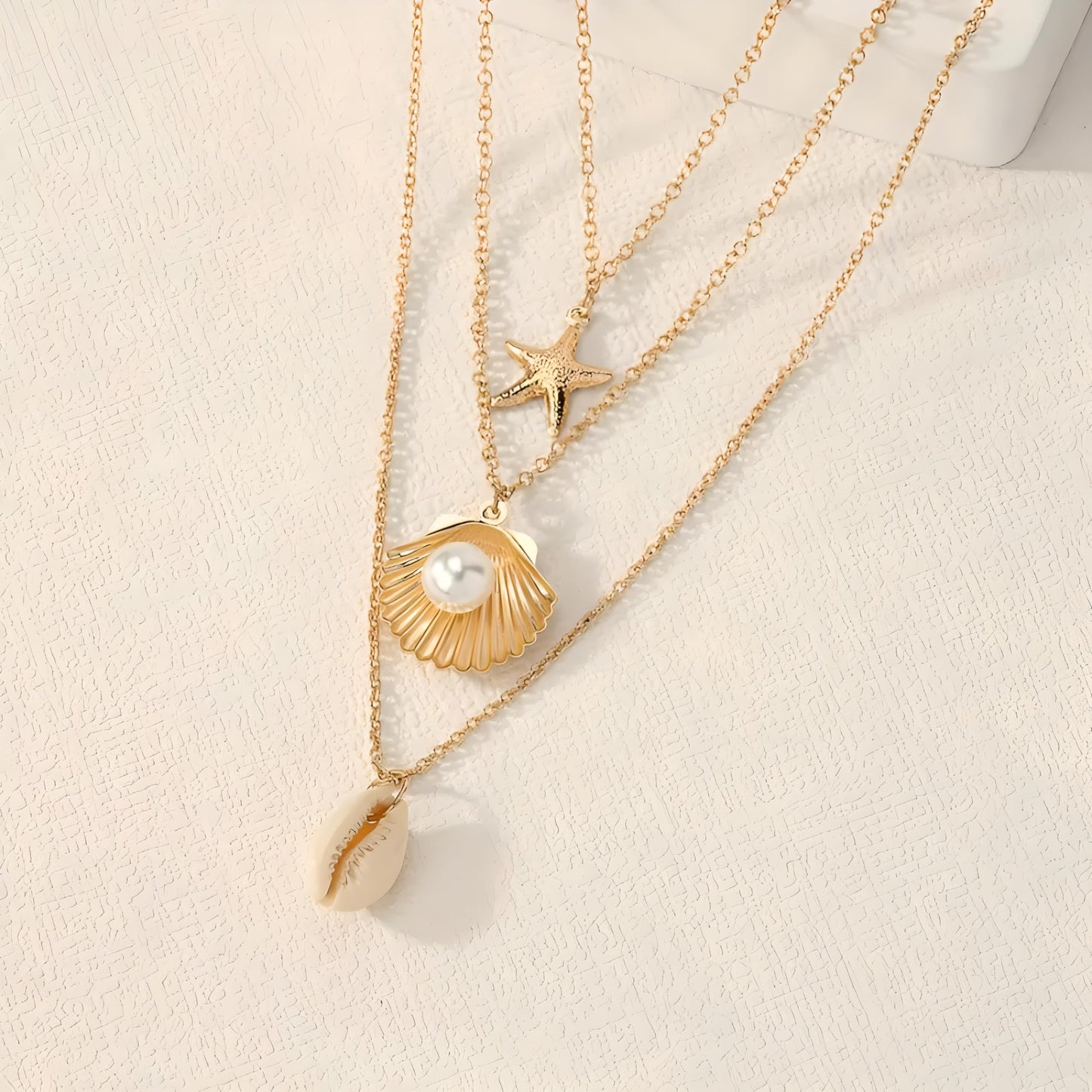 Layered Beach Necklace Set, Gold Tone Starfish Shell Pearl Pendant, 3-Piece Chain