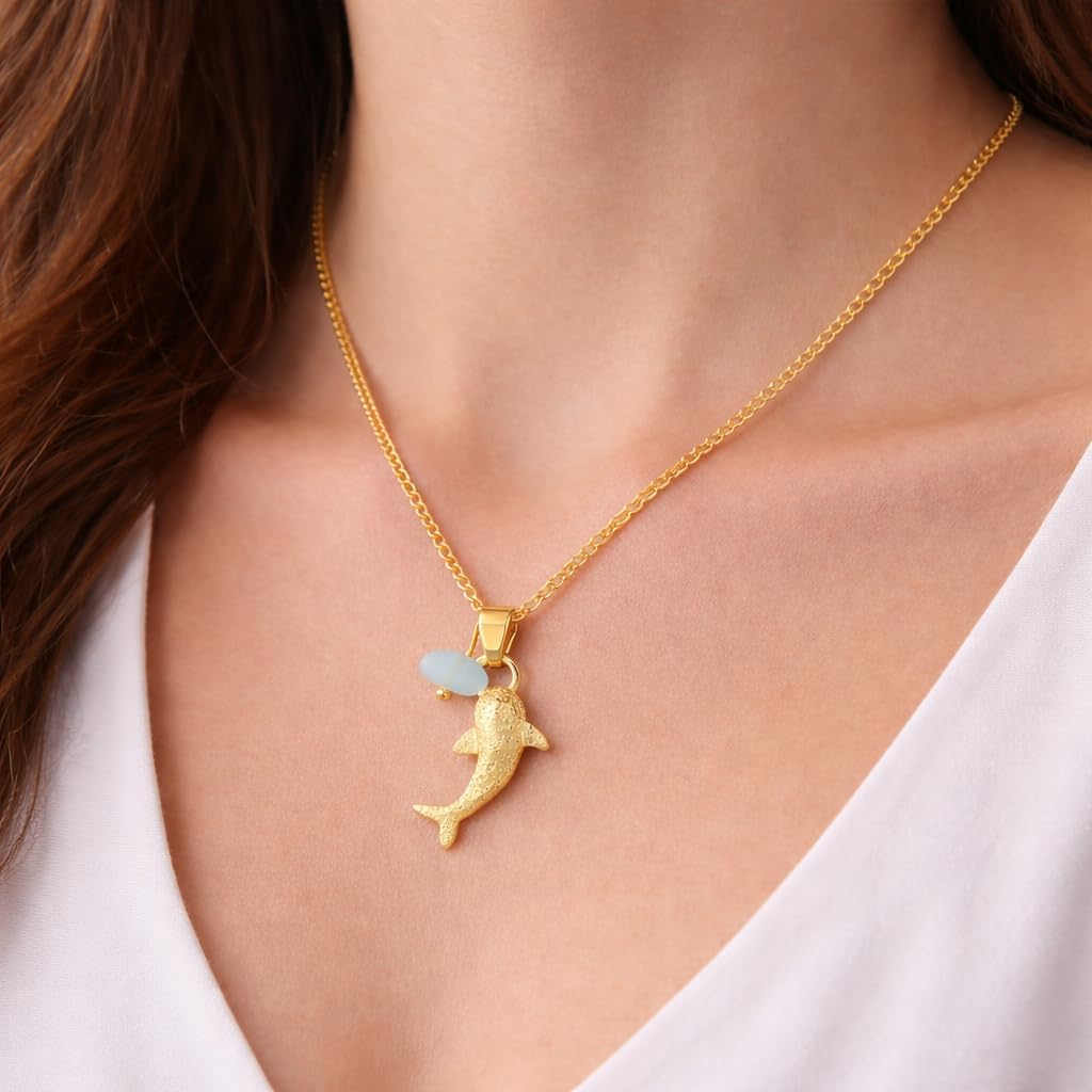 SUPAC Whale Shark Necklace with Sea Glass Accent, Gold and Silver Chain - 5 Color Options