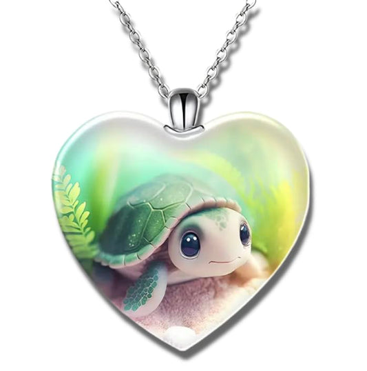 SUPAC Cute Underwater Turtle Glass Heart Pendant Necklace, 'I Love You Today, Tomorrow, Always' Engraved - Holiday, Christmas, or Birthday Gift