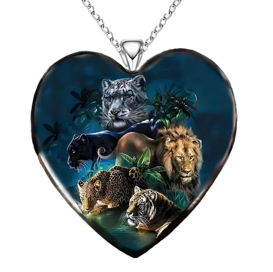 SUPAC Heart-Shaped Jungle Animals Pendant Necklace, Multicolor Glass Necklace including: Lion, Tiger, Leopard, Panther and Cheeta - Christmas, Holiday, or Birthday Gift