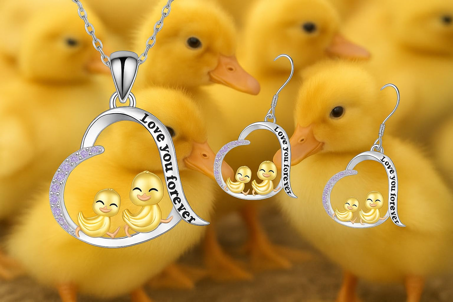 SUPAC Unique Heart-Shaped Duckling Pendant Necklace - Get Your Ducks in a Row! Forever in my heart -Exquisite Rhinestones, Plated White K Alloy, Fashionable Birthday Graduation Gift for Her