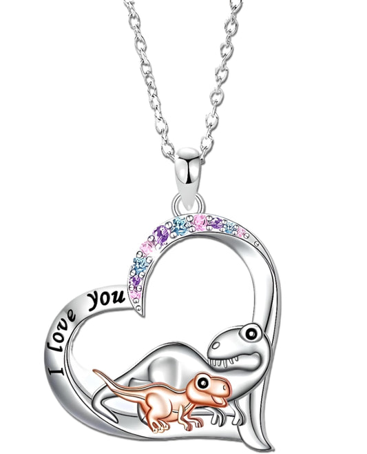 SUPAC Cute Cartoon Dinosaur Heart Pendant Necklace with Rhinestone Accents I Love You, Fashion Jewelry for Daily and Party Wear, Birthday and Christmas Gift