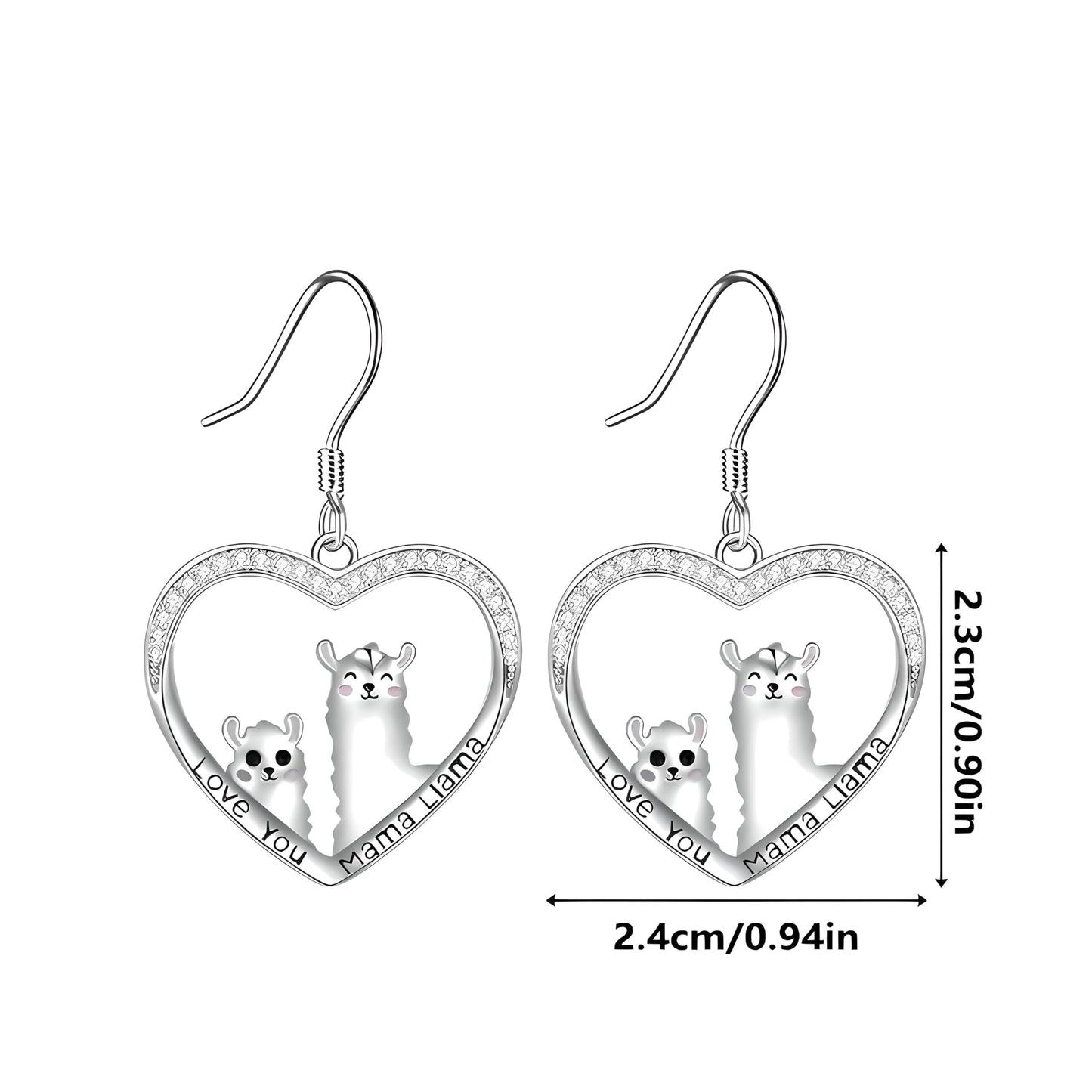 Heart-Shaped Llama Jewelry Set, Sterling Silver Necklace and Earrings, Crystal Rhinestone - Llama Gift