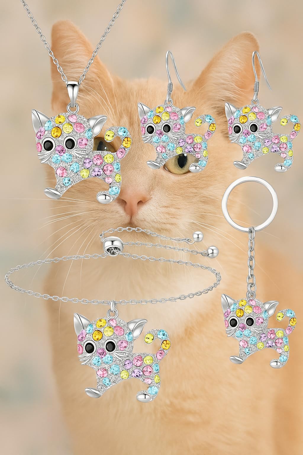 SUPAC Crystal Cat Jewelry Set with Necklace, Earrings, Bracelet and Keychain, Colorful Rhinestone Design, Silver