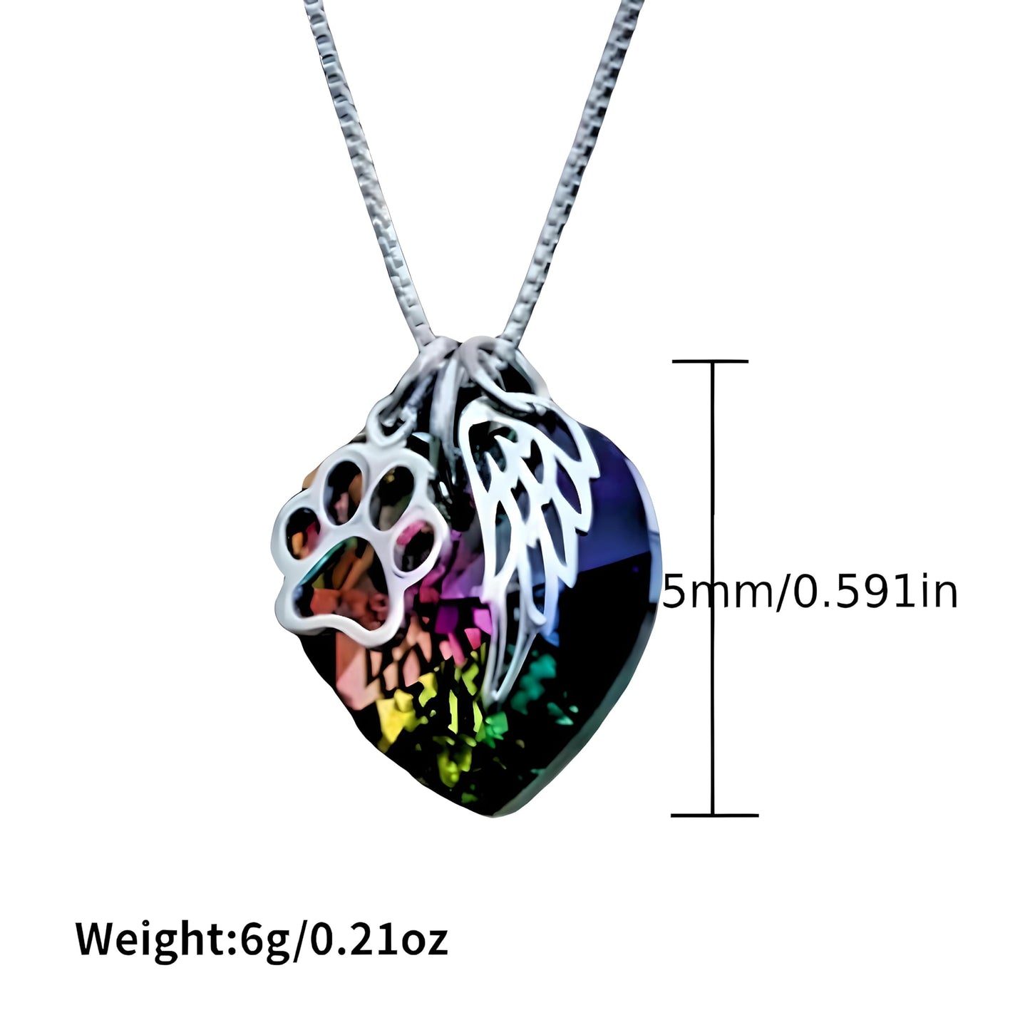 Rainbow Crystal Heart Necklace with Paw Print and Angel Wing Charms, Silver Chain