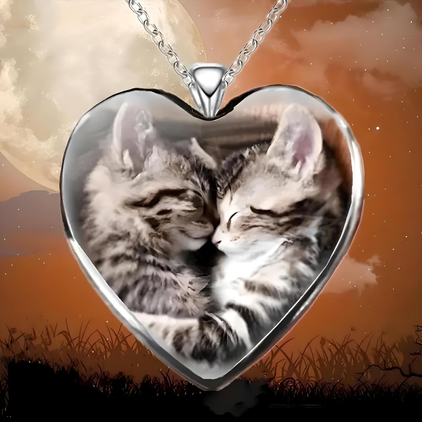 Heart-Shaped Pendant Necklace with Different Animals - Panda, Horse, Deer, Cat, Elephant, Dog Scenic Views, Stainless Steel Necklace with Glass Pendant - Christmas, Holiday, or Birthday Gift (2 Kittens)