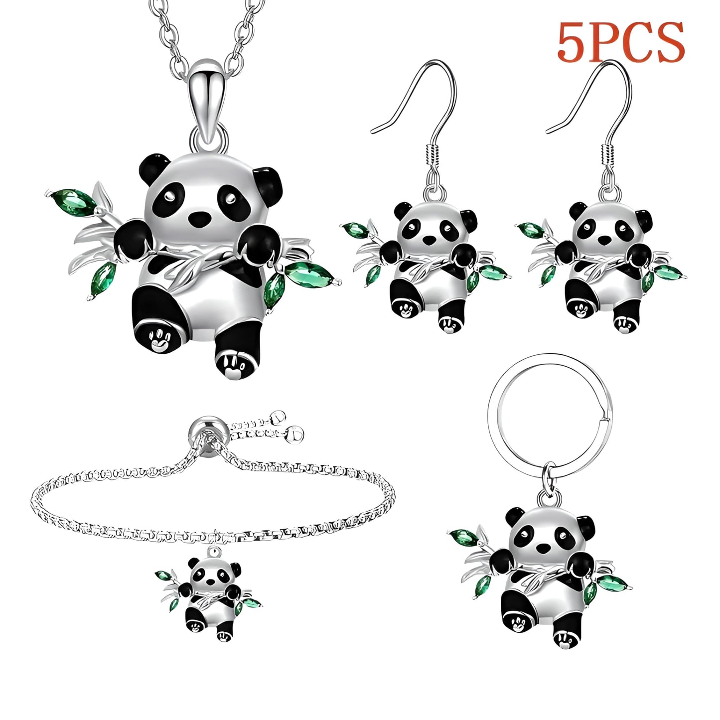Panda Jewelry Set with Necklace, Earrings, Bracelet and Keychain, Silver with Green Crystal Bamboo Leaves