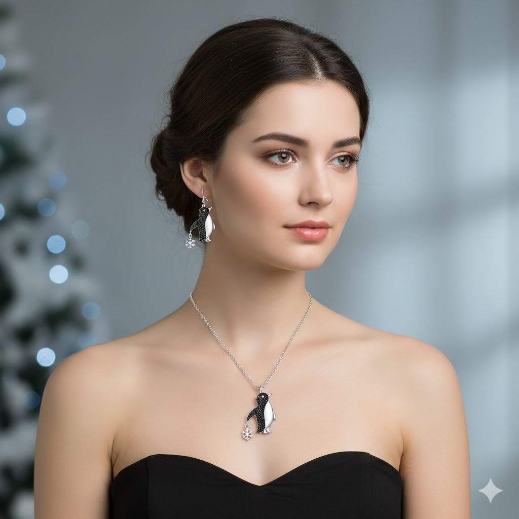 SUPAC Crystal Penguin Jewelry Set, Silver Necklace and Earrings with Snowflake Charm, Black - Gift for Penguin Lovers