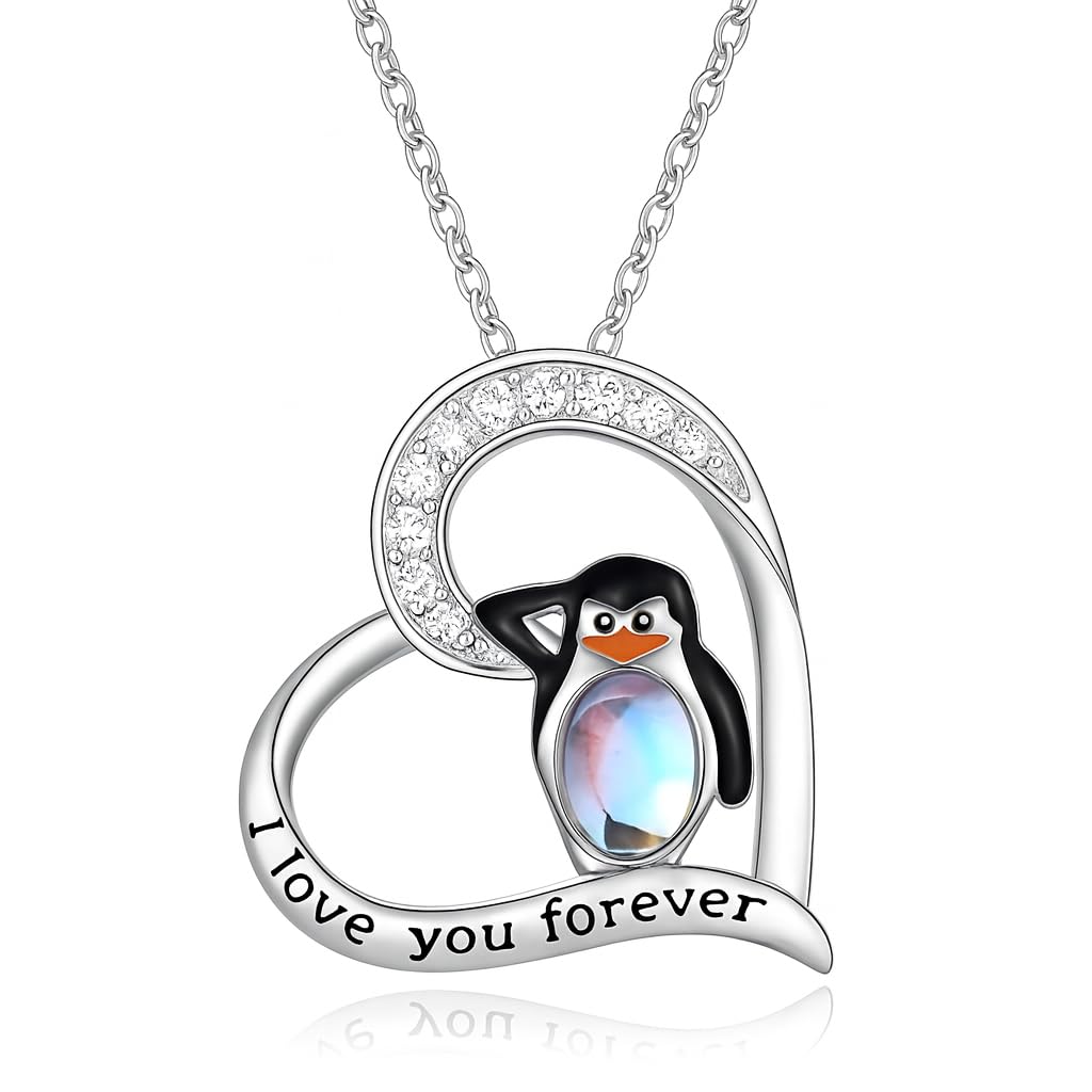 SUPAC Sterling Silver Penguin Pendant Necklace with Opal Stone and CZ Accents, 'Love You Forever' Engraved - Happy Feet Penguin