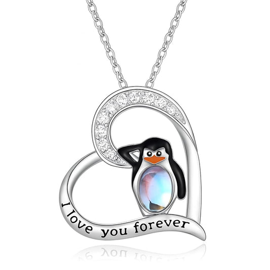 SUPAC Sterling Silver Penguin Pendant Necklace with Opal Stone and CZ Accents, 'Love You Forever' Engraved - Happy Feet Penguin