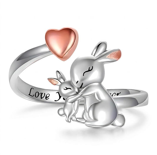 Silver Mom Daughter Adjustable Animal Ring Love Heart Animal Rings Jewelry Mother's Day Gifts for Women Wife Nana 6+ Variaitons (Rabbit)