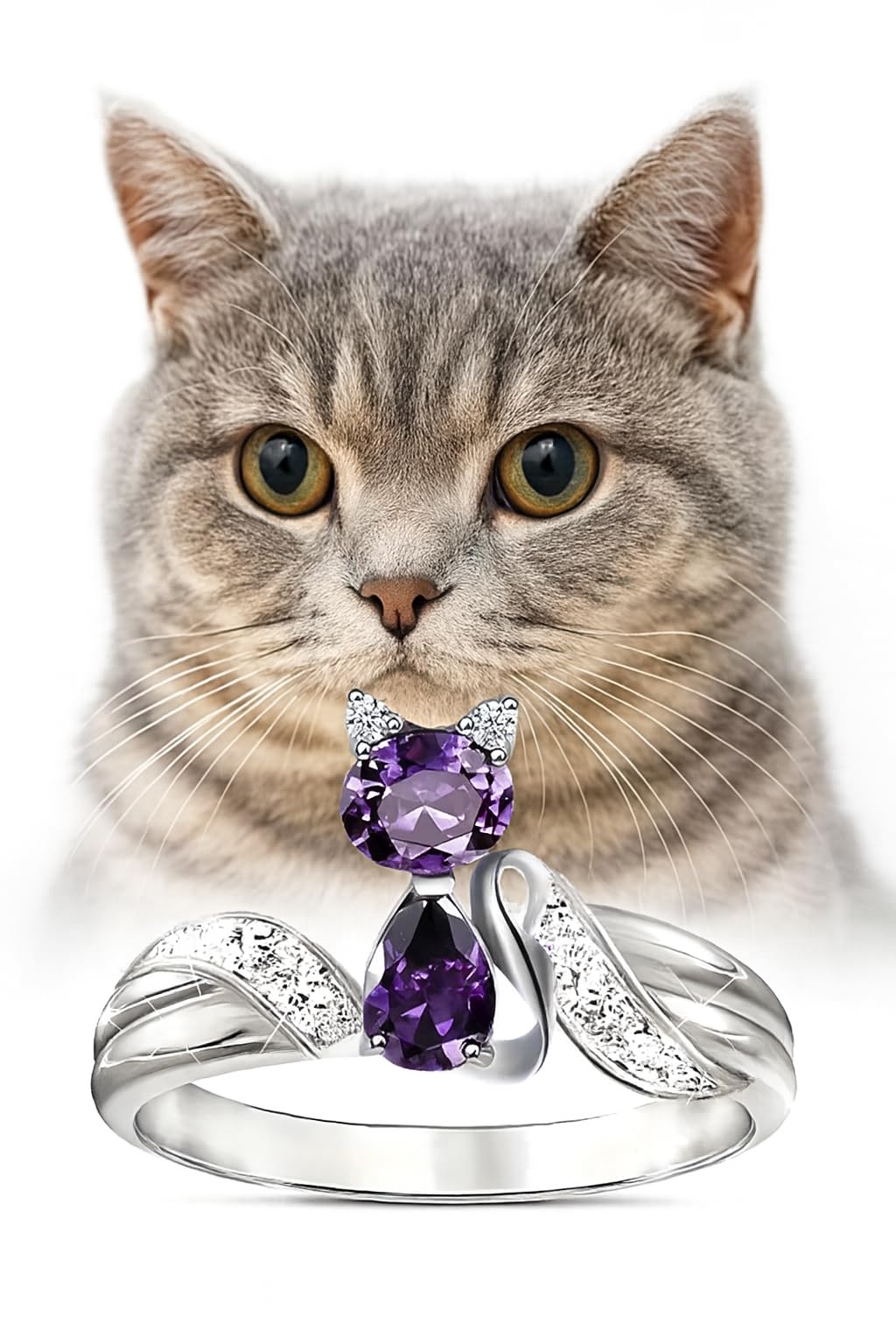 Stainless Steel Purple Crystal Cat Ring with Cubic Zirconia Accents - Glass Ring, Gift for Cat Lovers'