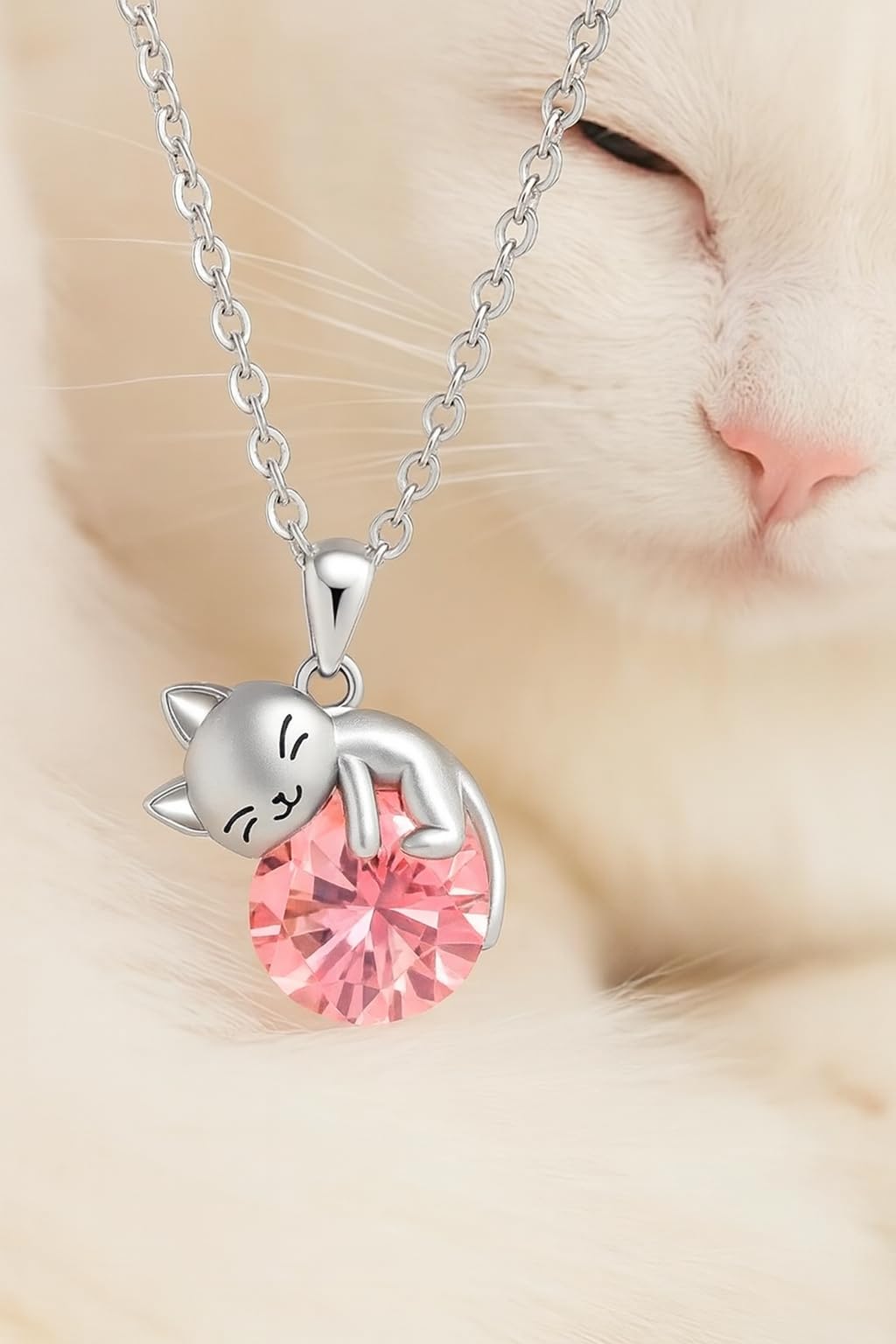 Crystal Cat Pendant Necklace, Silver Chain with Sleeping Cat Design, 17.7 inch Length