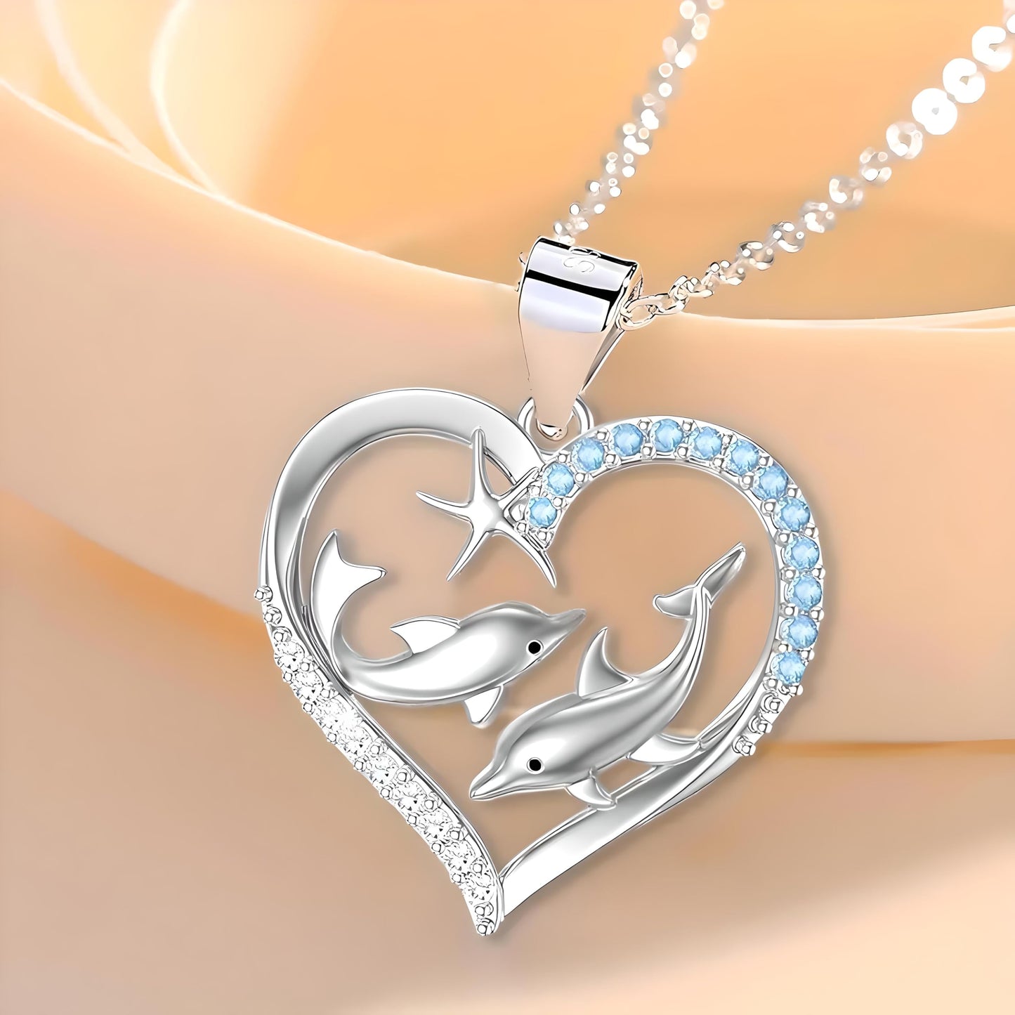 Sterling Silver Dolphin Heart Pendant Necklace with Blue Topaz and White Crystals