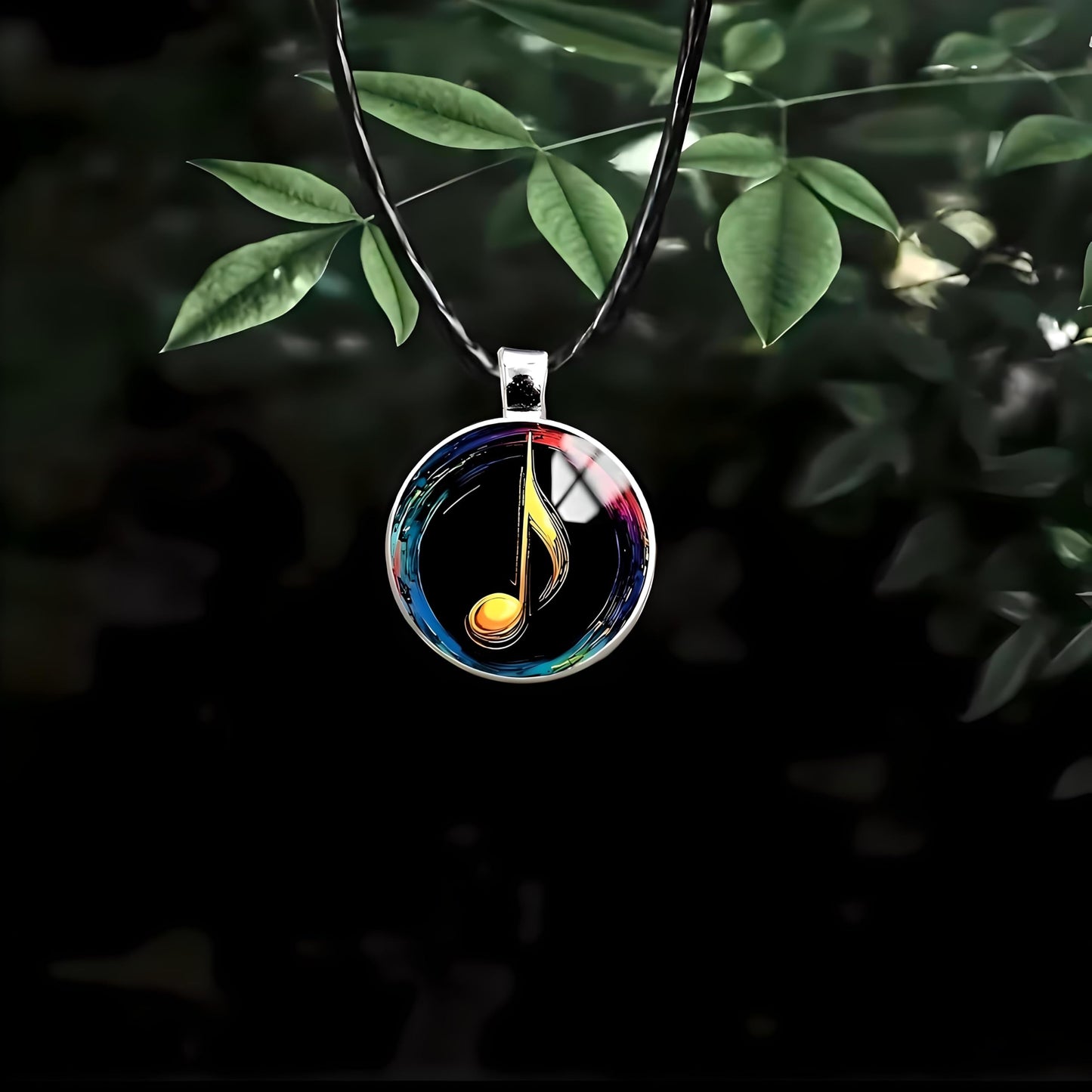SUPAC Musical Note Pendant Necklace, Black Leather Cord, Eighth Note, Treble Clef, 17.7 Inch Chain with 2 Inch Extension