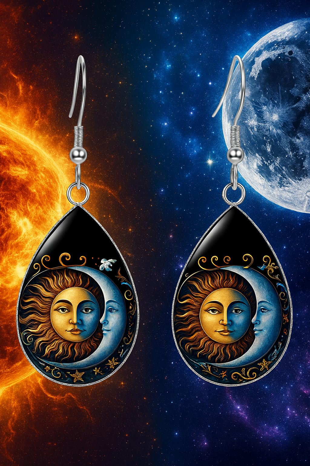 Celestial Sun and Moon Dangle Earrings, Mystical Design, Silver Hook, Teardrop and Rectangle Shapes, Decorative Jewelry Set - Oil Painting Style Glass Mosaic