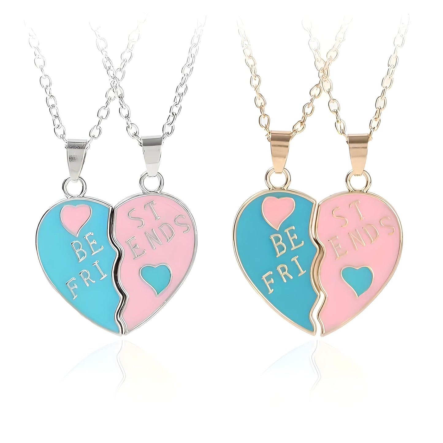 Best Friends Split Heart Pendant Necklaces, Pink and Blue Enamel, 2 Piece Set Gold or Silver Options - Gift for Best Friends