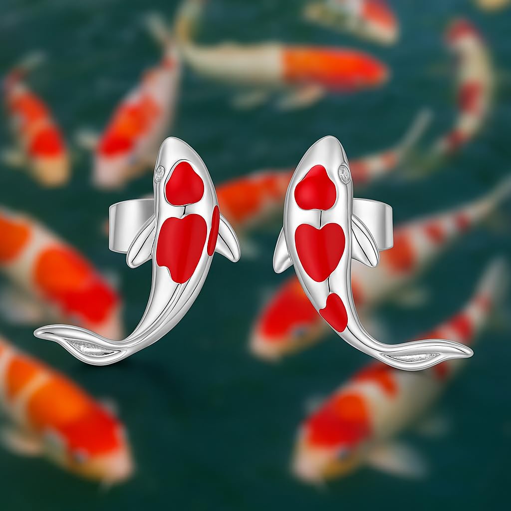 Stainless Steel Koi Fish Ring and Earrings Set with Red Enamel, Japanese Style - Koi Fish Jewelry Gift