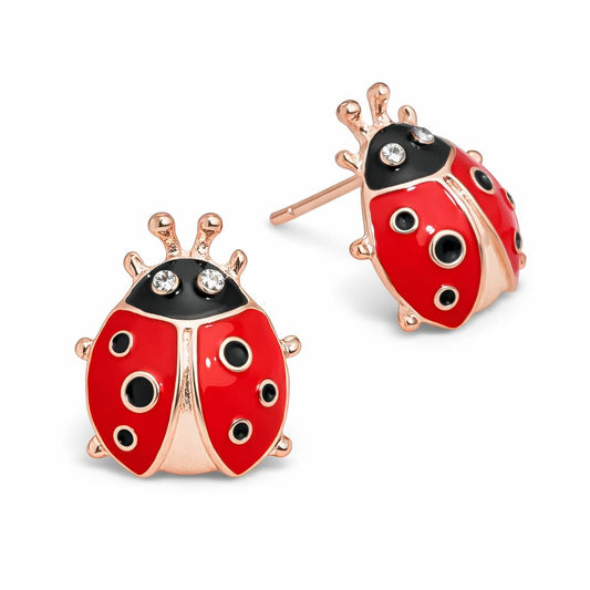 Cute Ladybug Stud Earrings, Red and Black Enamel with Crystal Rhinestones, Rose Gold Plated, 1.5cm x 1.2cm