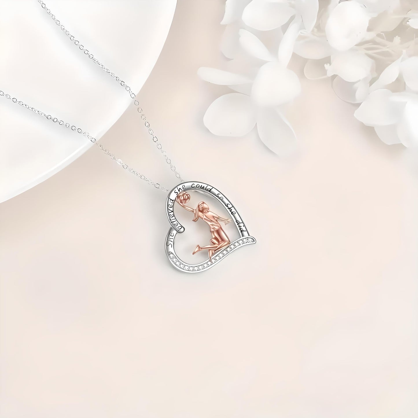Sports Heart Necklace, 9 Different Sport Options: Basketball, Jumping Cheerleader, Gymnast, Softball, Volleyball, Ballet Ballerina, Runner, Sports Accessories Birthday Gift- Simulated Rainbow Diamonds, Christmas, Birthday or Party Gift
