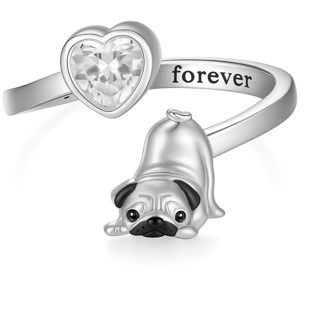SUPAC German Shepherd, Yorkie, Pug Dog Paw Adjustable Ring, Sterling Silver, Paw Print Design with Crystal Accents - Christmas, Birthday, or Party Ring
