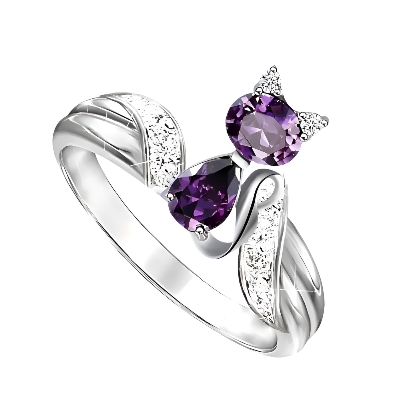 Stainless Steel Purple Crystal Cat Ring with Cubic Zirconia Accents - Glass Ring, Gift for Cat Lovers'