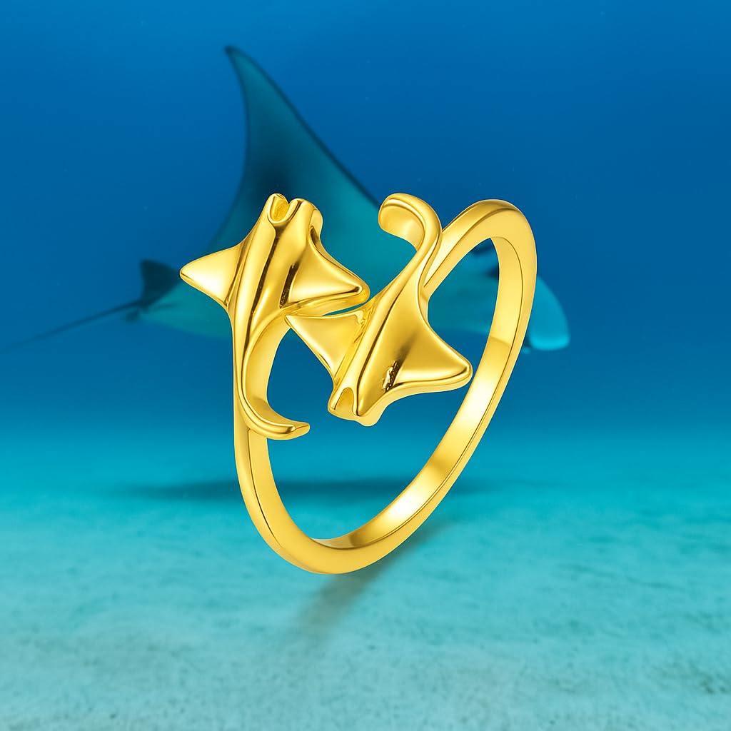SUPAC Gold Silver Black Manta Ray Adjustable Ring, Adjustable Size, .43inch adjustable opening - Manta Ray Gift
