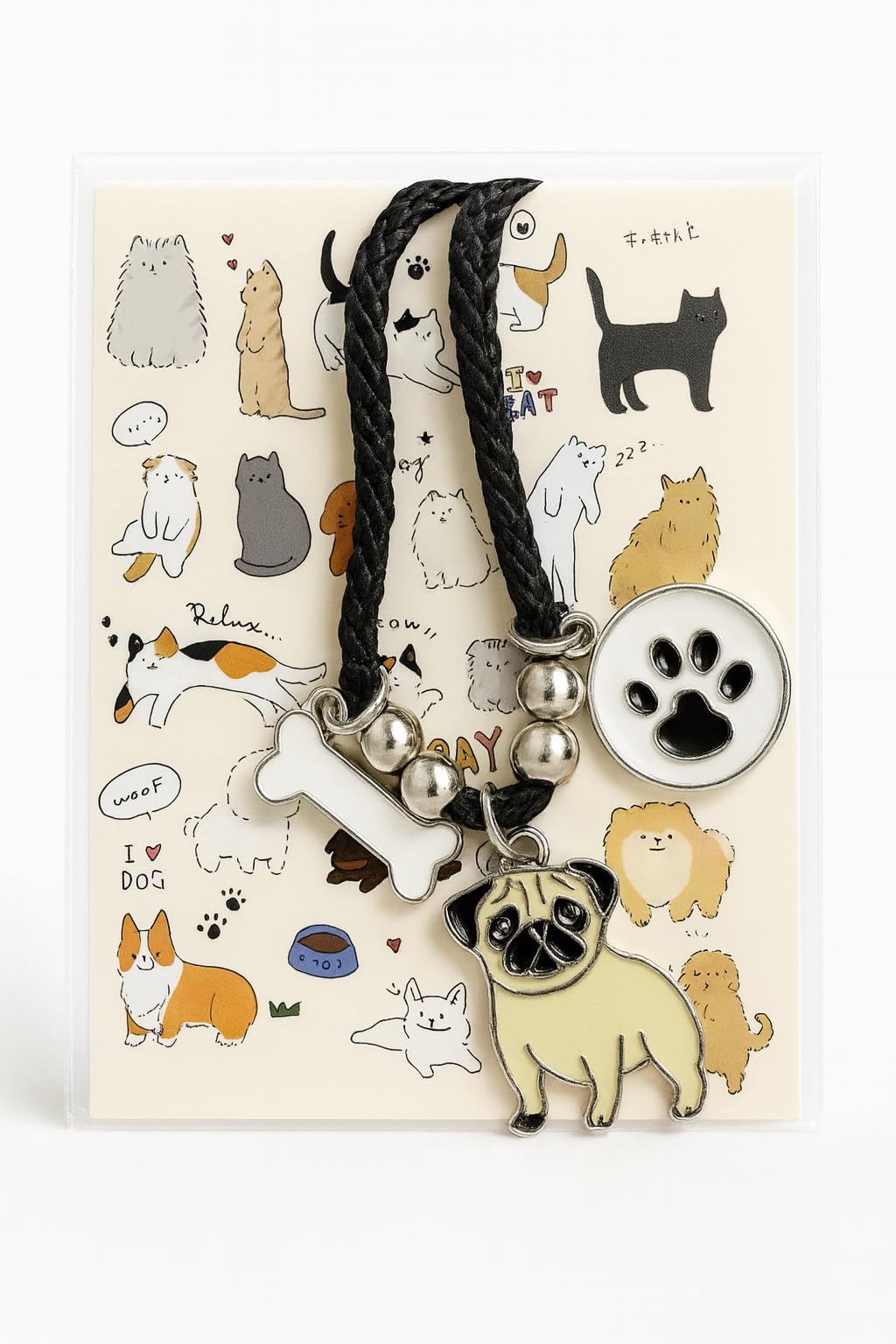 Pet Charm Bracelet with Dog Charms, Black Braided Band, I Love Dogs Design - Dog Lovers' Bracelet - Different Breeds of Dogs, Pet Lover Gift for Birthday and Holiday, Durable and Long-Lasting, Hypoallergenic and Nickel-Free, Everyday Wear (Pug)