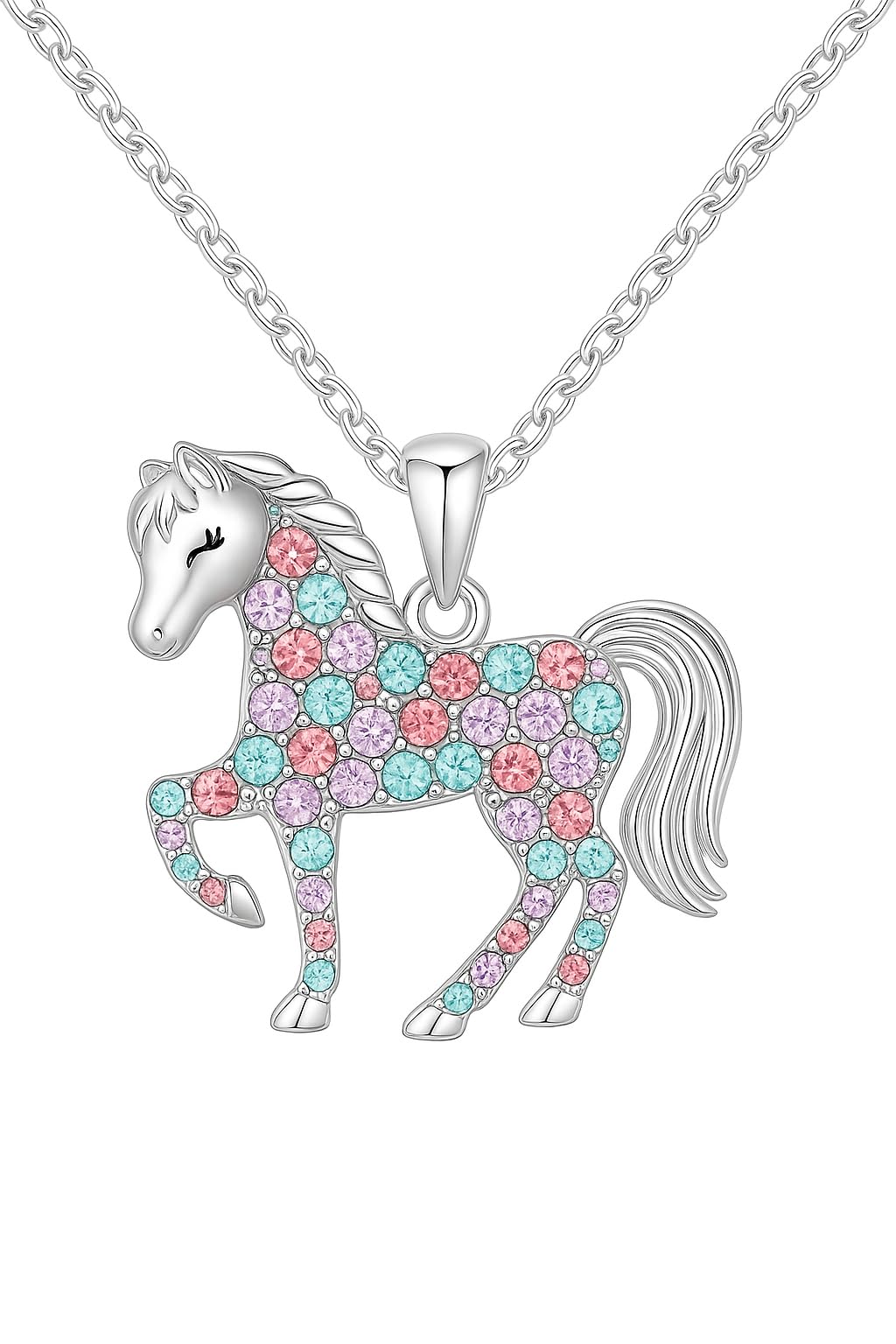 SUPAC Crystal Horse Pendant Necklace, Pink and Blue Rhinestones, Silver Chain, 17.6 inches