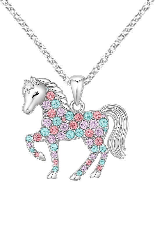 SUPAC Crystal Horse Pendant Necklace, Pink and Blue Rhinestones, Silver Chain, 17.6 inches